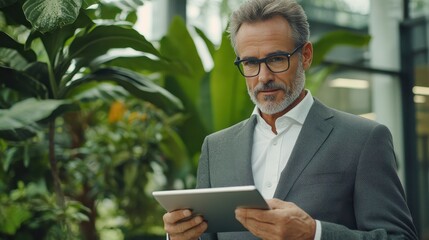 Professional man using tablet in bright indoor garden space surrounded by lush green plants and modern architecture