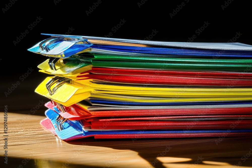 Poster a vibrant stack of colored folders arranged neatly on a wooden surface, illuminated by soft light
