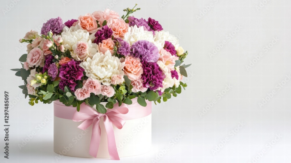 Poster beautiful floral arrangement in a round box with soft pink ribbon on a white background. generative 