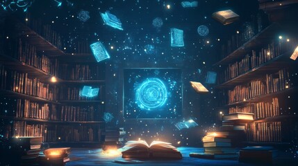 Celestial Library: An ethereal scene unfolds within a mystical library, glowing books and celestial energies. The scene captures the magical fusion of knowledge and cosmic wonder.