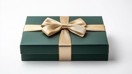 A luxurious green gift box with a wide gold ribbon and a matching bow, isolated on a bright white background.