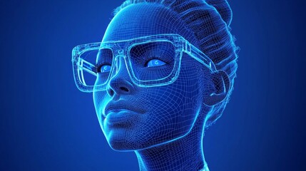 Futuristic 3D Wireframe Model of Woman with Glasses in Blue Digital Background
