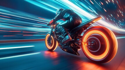 Obraz premium Neon Rider: A futuristic motorcycle speeding through a vibrant, neon-lit cityscape, capturing the essence of speed and technological advancement.