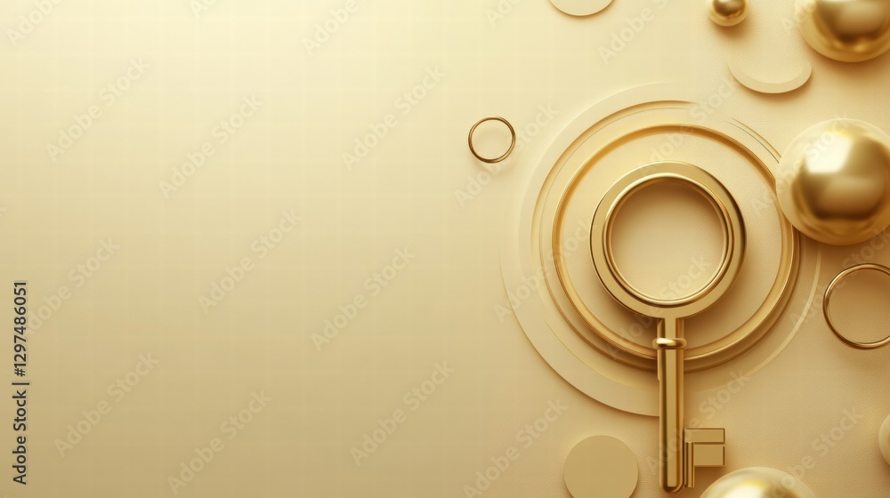 Aufkleber golden abstract background with magnifying glass and circular shapes for design purposes in minimali