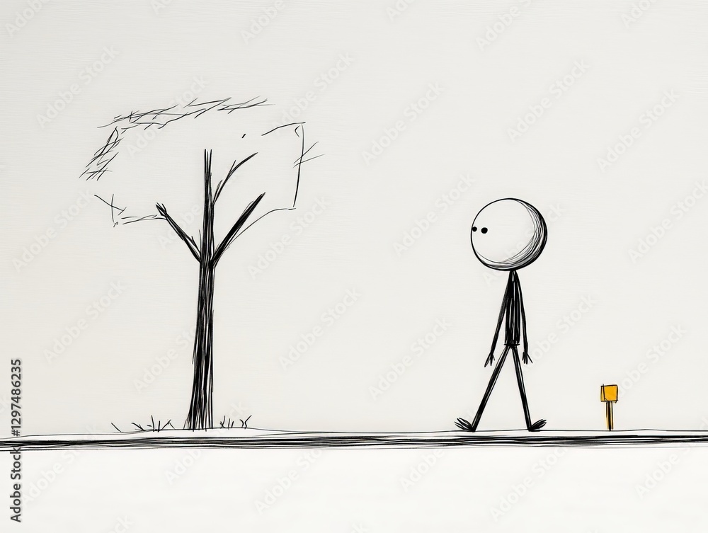 Aufkleber minimalist conceptual scene of a stick figure walking towards a distant tree with a golden key on th