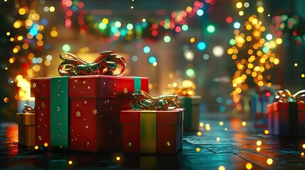 A Merry Christmas and New Year holiday background with colorful gift boxes, glowing lights, and a warm, inviting holiday scene