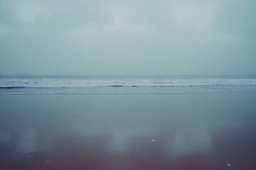 Obraz premium Calm ocean waves on wet sand under overcast sky