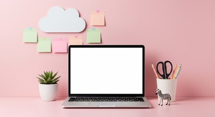 Mock up laptop, notebook on young student desk. Pink pastel colors.
