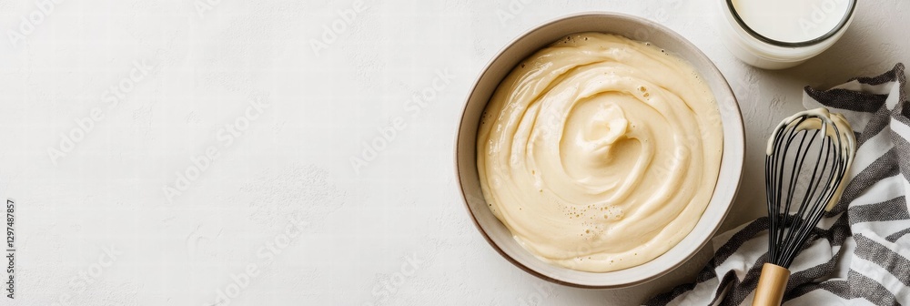 Poster Creamy batter preparation in a bowl with whisk and milk on a table at home during daytime. Generative AI