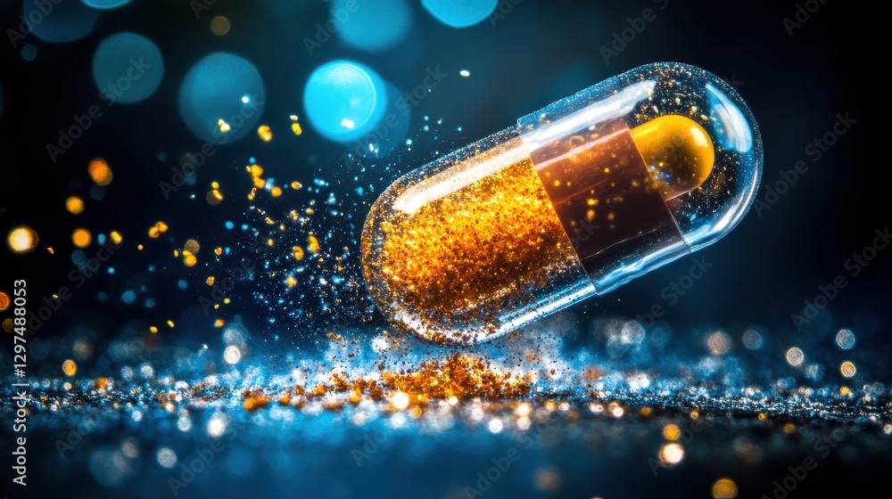 Poster glittering gold capsule with sparkles in air, abstract background with bokeh lights for health and w