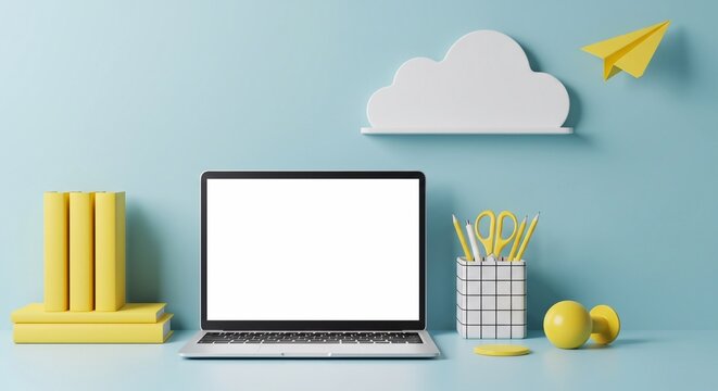 Mock up laptop, notebook on young student desk. Back to school mock up.
