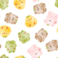 Watercolor vector cute animals with leaf, teddy bear, chicken, frog on a white background seamless pattern.