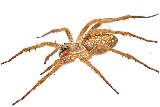 Close-up of a brown spider with detailed features, showcasing its legs and body, isolated on white background