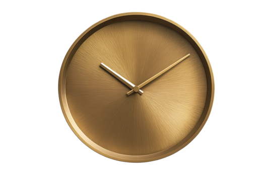 Minimalist golden wall clock isolated on white and transparent background
