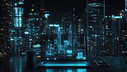 Futuristic Cityscape on Laptop Screen at Night