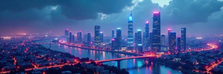 Futuristic cityscape at night with skyscrapers and neon lights against a white futuristic background , modernity, architecture