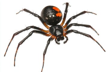 Obraz premium Close-up view of a black widow spider showcasing its distinctive markings against a white background