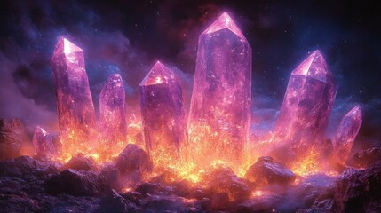 Glowing Pink and Purple Crystals in a Cosmic Landscape