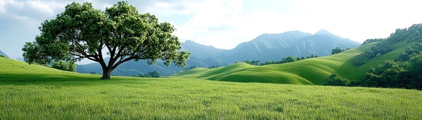 Lush green landscape with a solitary tree and mountains in the background.