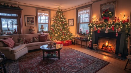 A peaceful and festive living room with a Christmas tree, glowing lights, and a warm fireplace, creating a cozy atmosphere for holiday memories.