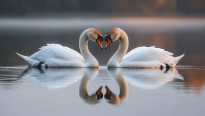 Obraz premium Serene Swans Forming Heart Shape in Calm Water at Sunrise, Symbolizing Love and Connection in Nature's Beauty and Tranquility