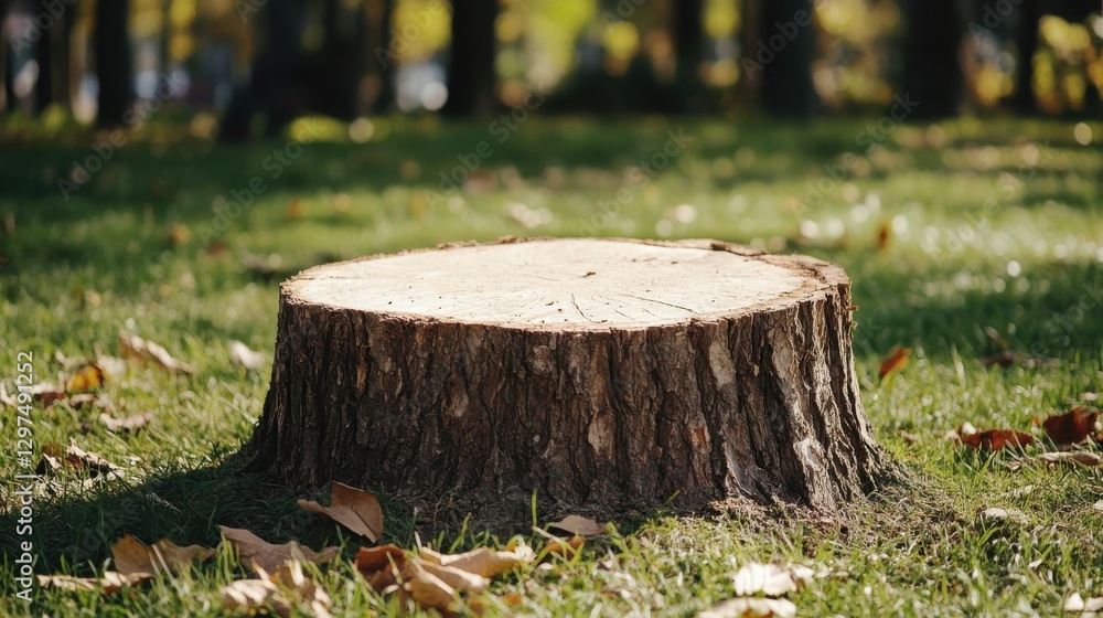 Poster tree stump surrounded by autumn leaves in a sunlit park setting with soft green grass and trees in t