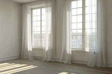 Sunny empty room with large windows, city view, sheer curtains.  Interior design concept