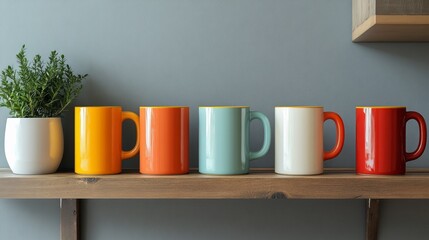 Colorful Mugs on Shelf: A row of vibrant, ceramic mugs in a spectrum of colors sits neatly on a wooden shelf, accented by a potted plant, creating a cheerful and inviting atmosphere. 