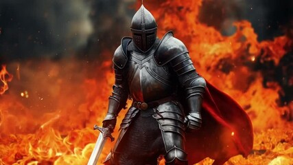The knight stood bravely against the backdrop of roaring flames, embodying courage amidst the chaos.