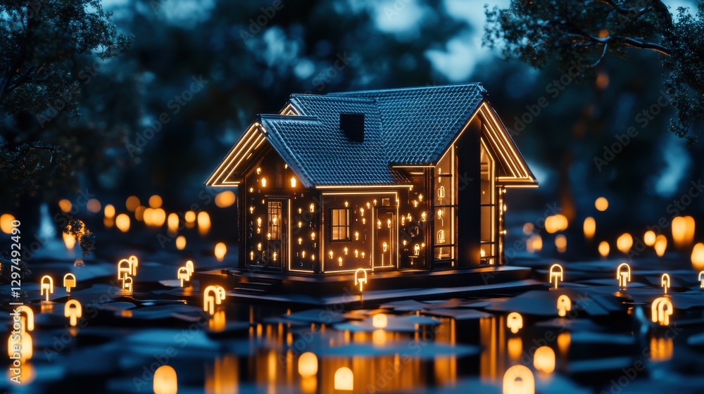 Poster enchanting house illuminated by glowing lights surrounded by floating lanterns in serene nighttime s