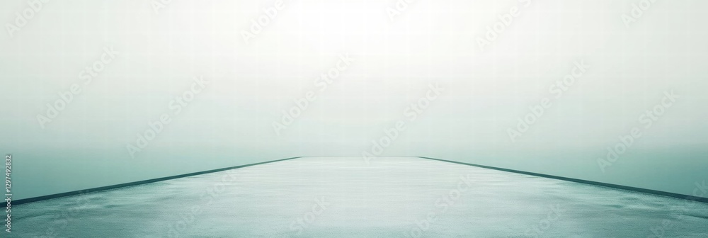 Poster Misty walkway extending into a tranquil, foggy landscape by the waters edge. Generative AI