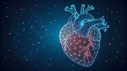 Abstract blue human heart with red cardio pulse line and red circle. Healthcare medical concept. Low poly style. Geometric background. Wireframe light connection structure.  generative ai
