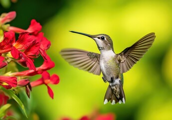 Naklejka premium Stunning Close-Up of a Hummingbird Hovering Near Vibrant Red Flowers in a Lush Garden Setting, Showcasing Nature's Beauty and Delicate Features
