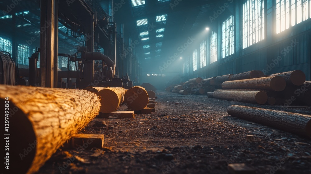 Poster sunlight streaming through windows in abandoned lumber mill with logs and dust particles in industri