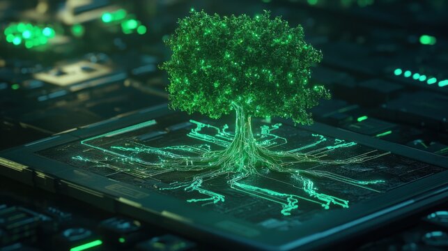 Digital Green Tree Growing from Circuit Board with Glowing Lines, Symbolizing Technology and Nature Connection - Powered by Adobe