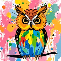 Obraz premium Painted animal with paint splash painting technique on colorful background owl