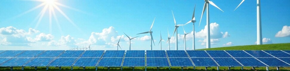 Solar panels and wind turbines in power station with green energy renewable electricity generation under blue sky background , solar panels, renewable energy