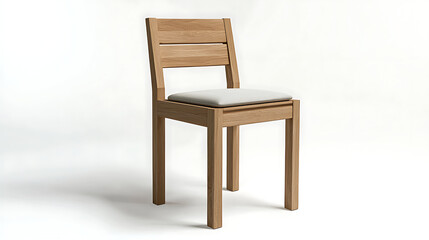 A wooden chair with a white cushion sits on a white background