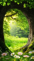 Enchanted Forest View Through a Tree Trunk