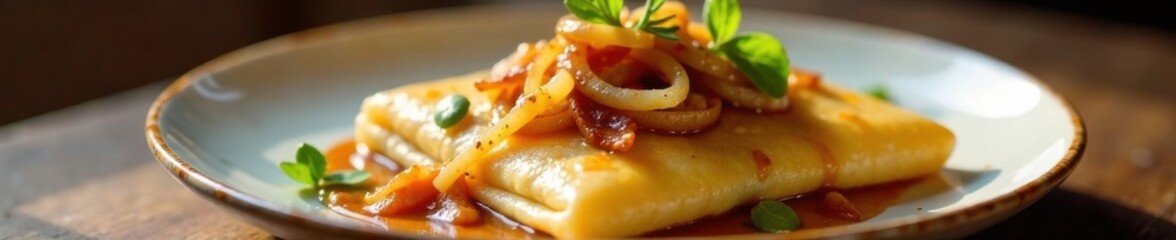 Swabian Maultaschen with Caramelized Onions on a Plate, onions, food