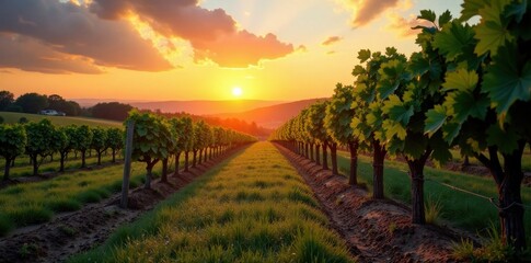 Fototapeta premium Vineyard at sunset with old grapevines and wooden barrels, sunset, rustic