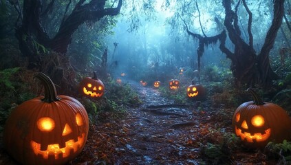 Carved pumpkins light forest path on foggy Halloween night in mysterious woods