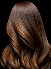 Fototapeta premium Luxurious waves of silky brown hair flow gracefully against a dark background, showcasing the beauty and health of long, shiny tresses in a striking profile view.
