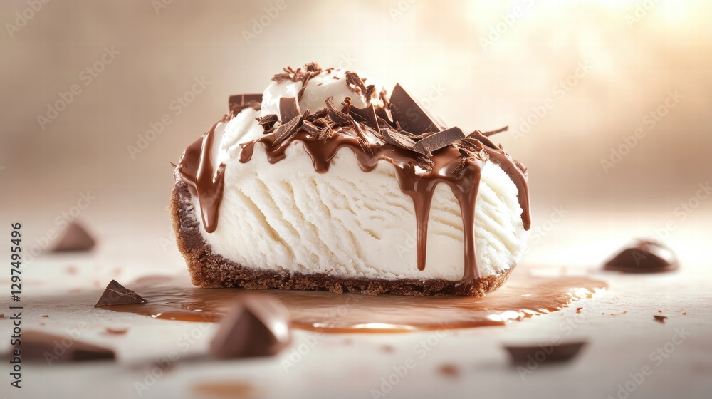Poster delicious chocolate cream pie with drizzled chocolate and chocolate shavings on top placed on a neut
