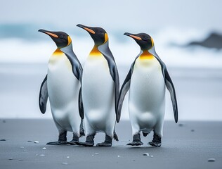 Obraz premium Three Majestic Penguins Walking on a Beach with Ocean Waves in the Background, Capturing the Beauty of Wildlife and Nature in a Serene Environment