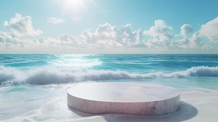 a round table on the beach with a wave coming in