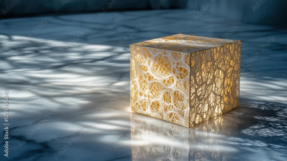 Poster elegant light-emitting cube on a reflective surface with intricate lace design and gentle shadow pla