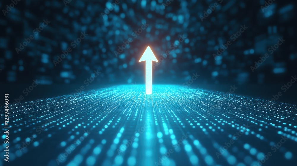 Poster digital arrow pointing upwards among glowing particles in blue cyber environment for growth and prog