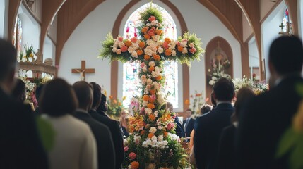 A group of people gathered in a church for Easter service, with a large cross adorned with flowers as the focal point