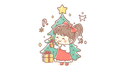 A girl is holding a present in front of a Christmas tree